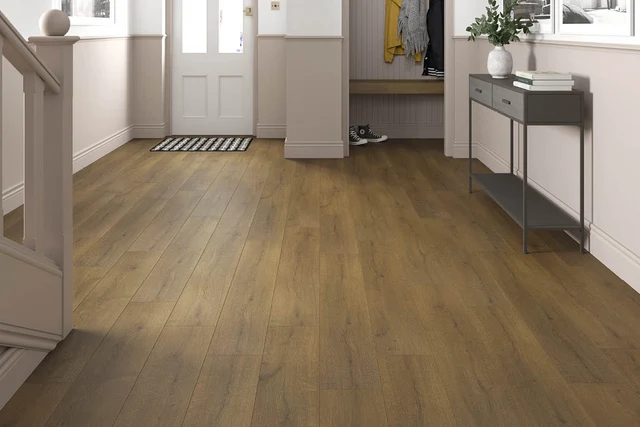 Series Woods 8mm Acoustic Laminate Rich Caramel Oak Built-in Underlay — merchant product photo