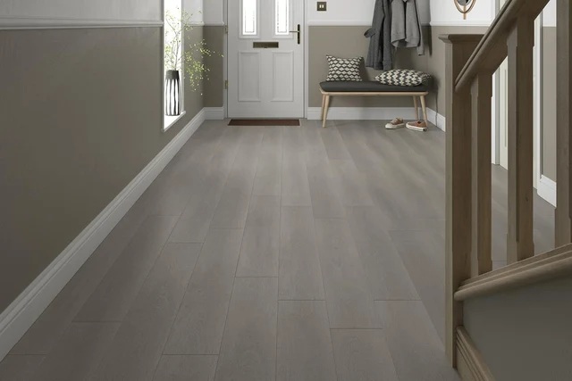 Series Woods 8mm Acoustic Laminate Dove Grey Oak Built-in Underlay — merchant product photo